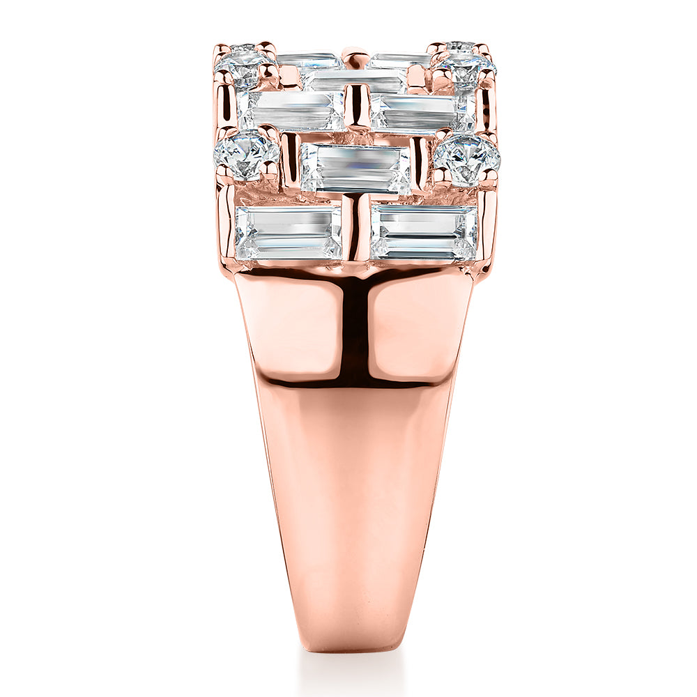 Dress ring with 2.44 carats* of diamond simulants in 10 carat rose gold