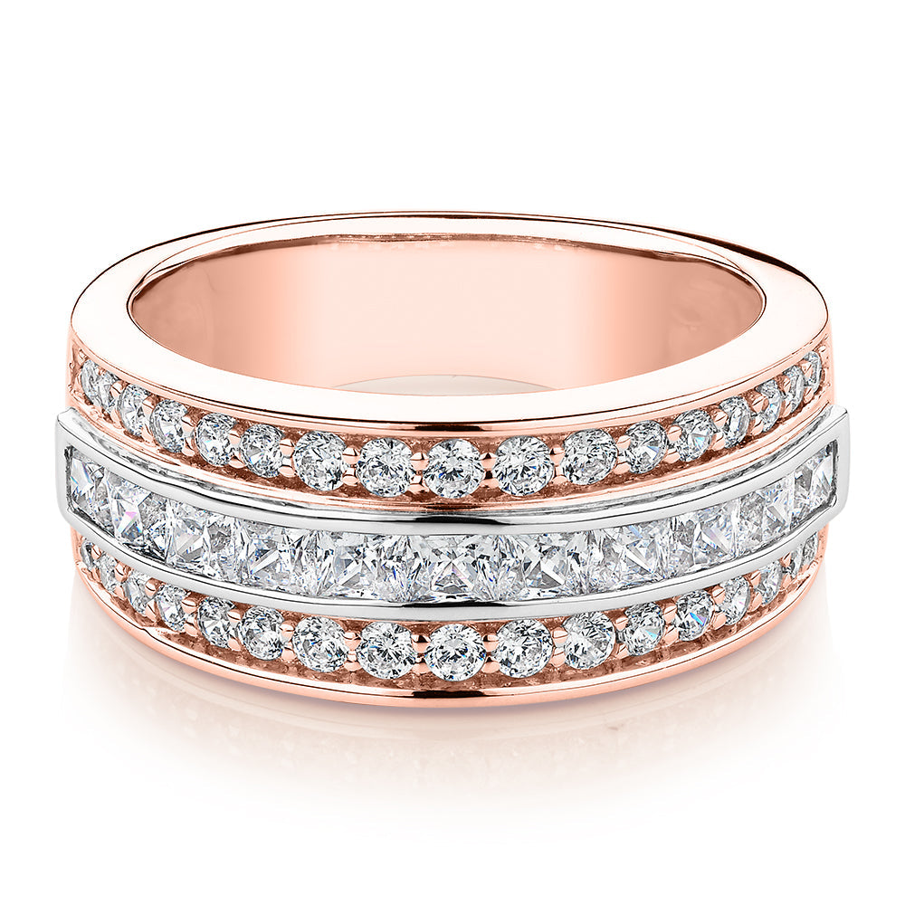 Princess Cut and Round Brilliant Dress ring with 1.62 carats* of diamond simulants in 10 carat rose and white gold