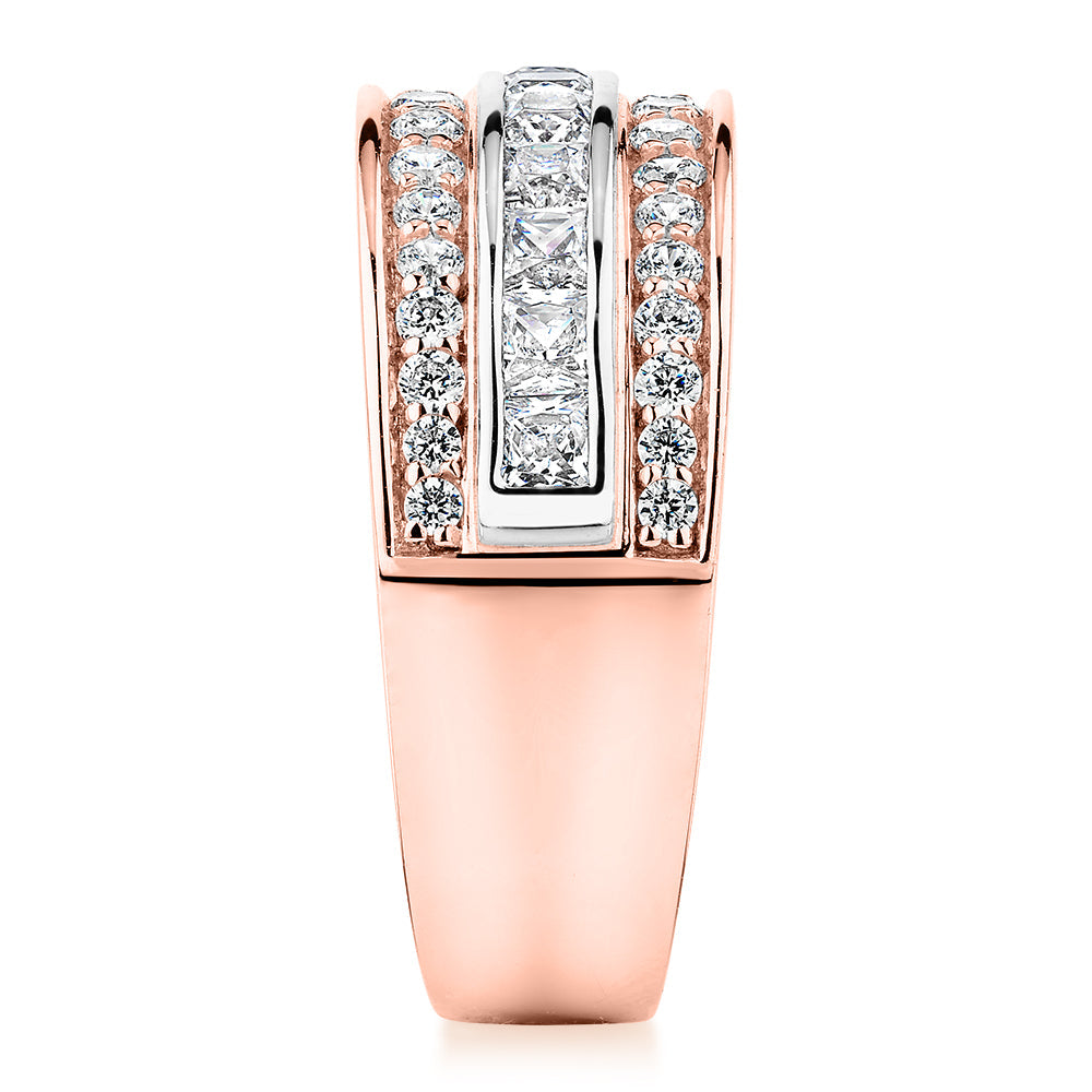 Princess Cut and Round Brilliant Dress ring with 1.62 carats* of diamond simulants in 10 carat rose and white gold