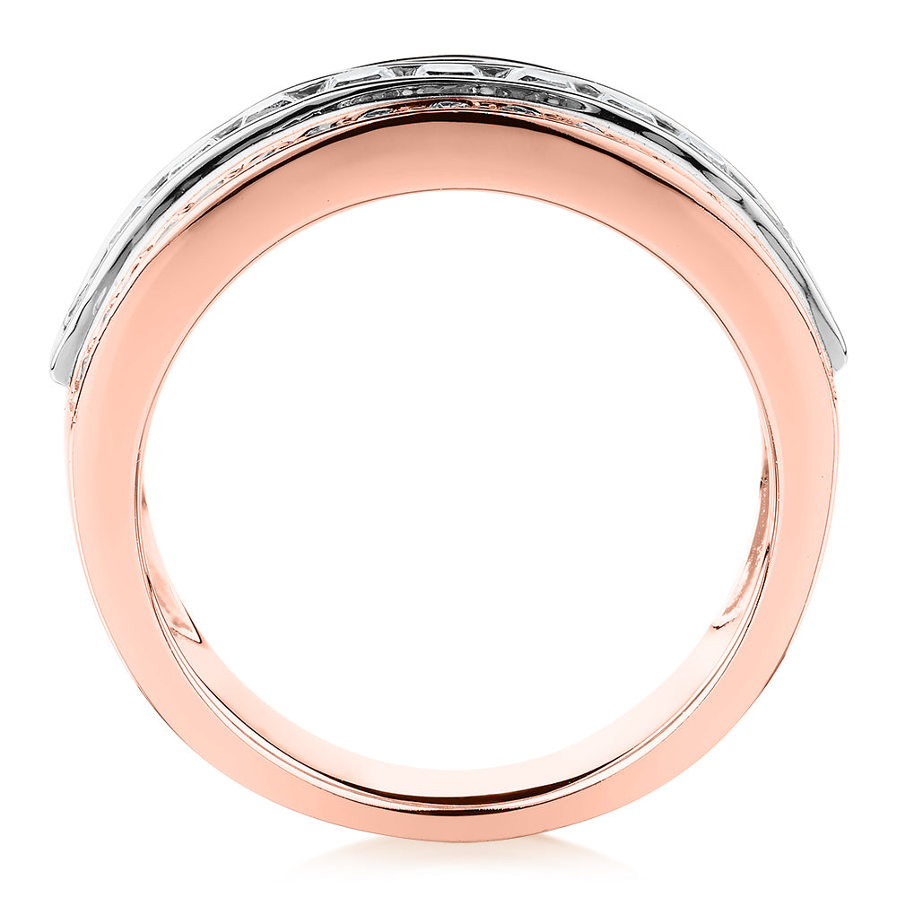 Princess Cut and Round Brilliant Dress ring with 1.62 carats* of diamond simulants in 10 carat rose and white gold