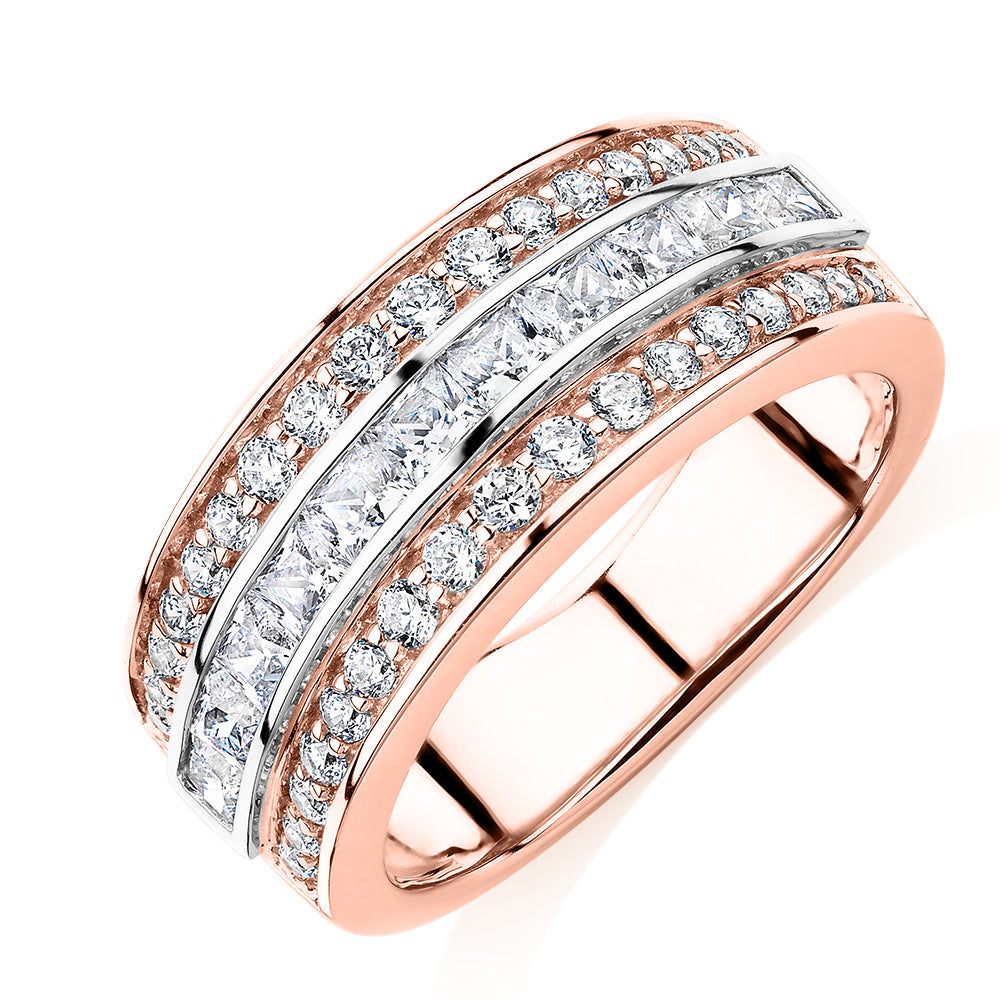 Princess Cut and Round Brilliant Dress ring with 1.62 carats* of diamond simulants in 10 carat rose and white gold