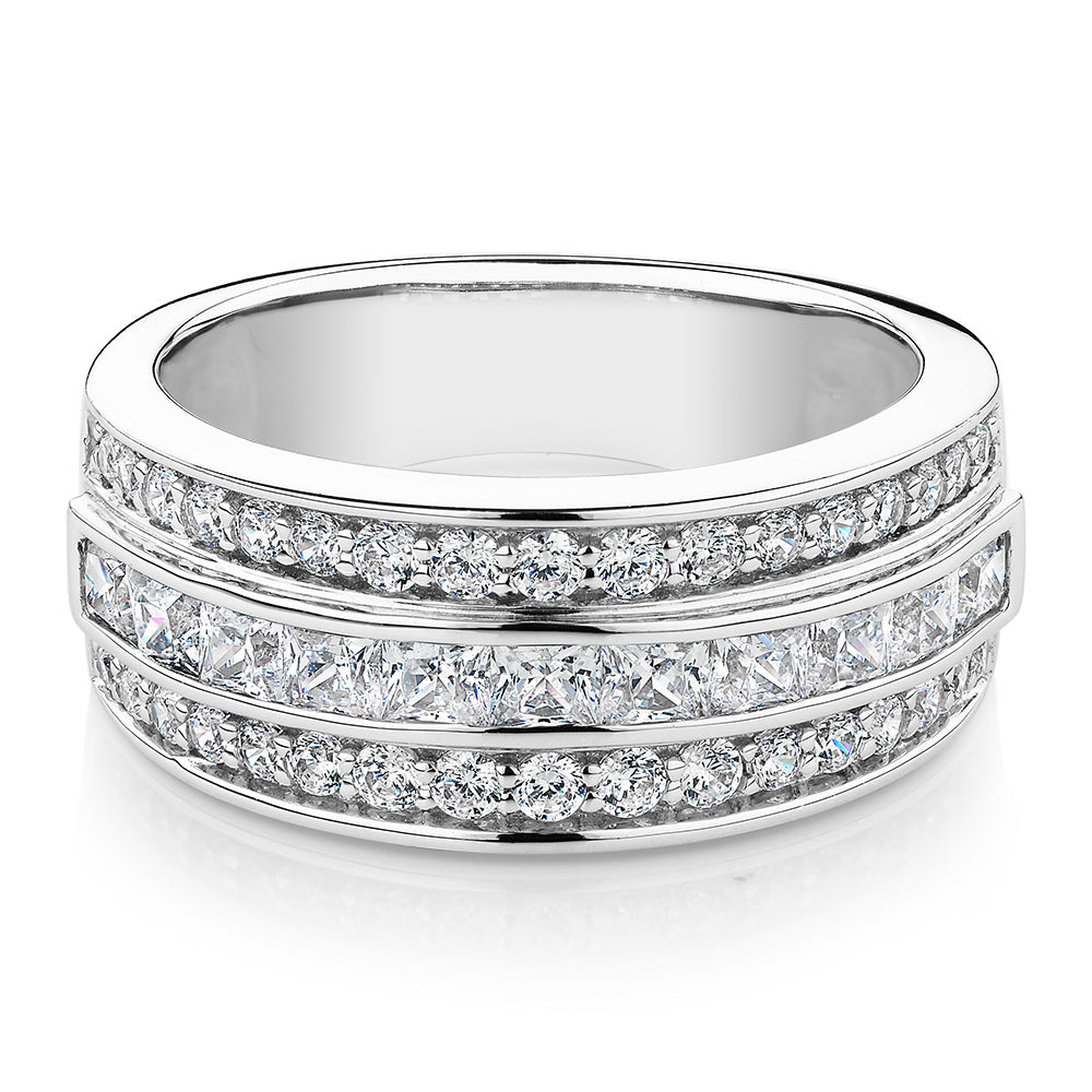 Princess Cut and Round Brilliant Dress ring with 1.62 carats* of diamond simulants in 10 carat white gold