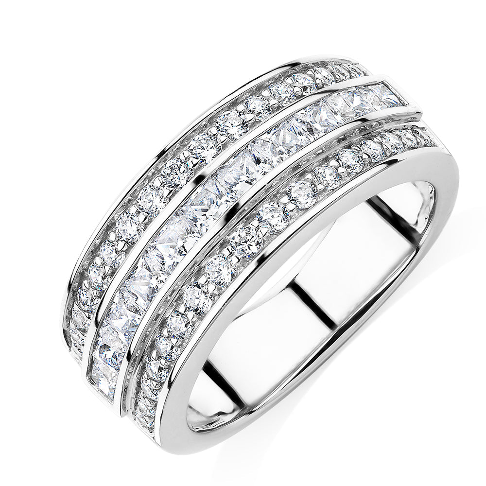 Princess Cut and Round Brilliant Dress ring with 1.62 carats* of diamond simulants in 10 carat white gold