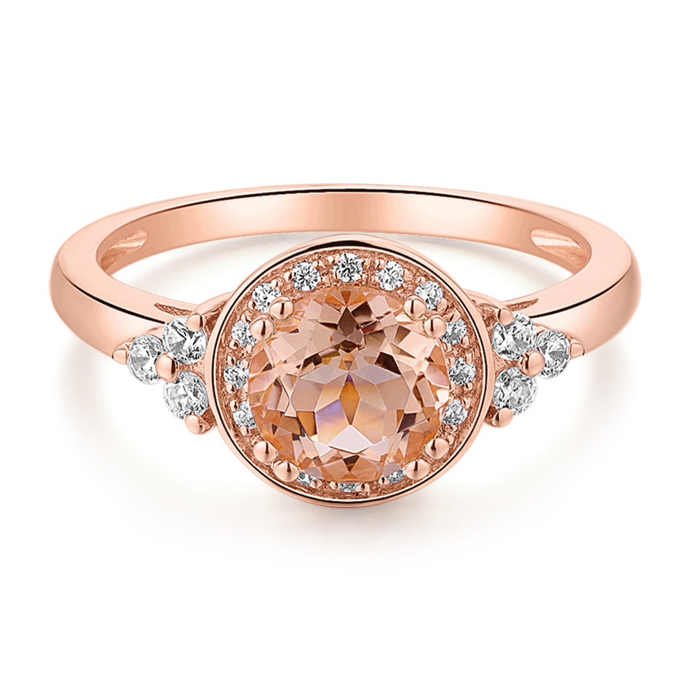 Round Brilliant halo engagement ring with 7mm morganite simulant in 10 carat rose gold
