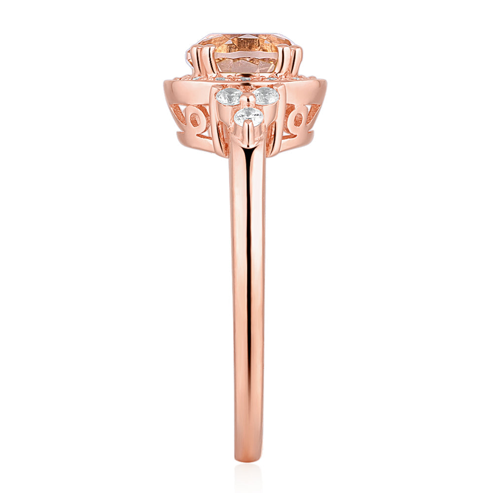 Round Brilliant halo engagement ring with 7mm morganite simulant in 10 carat rose gold