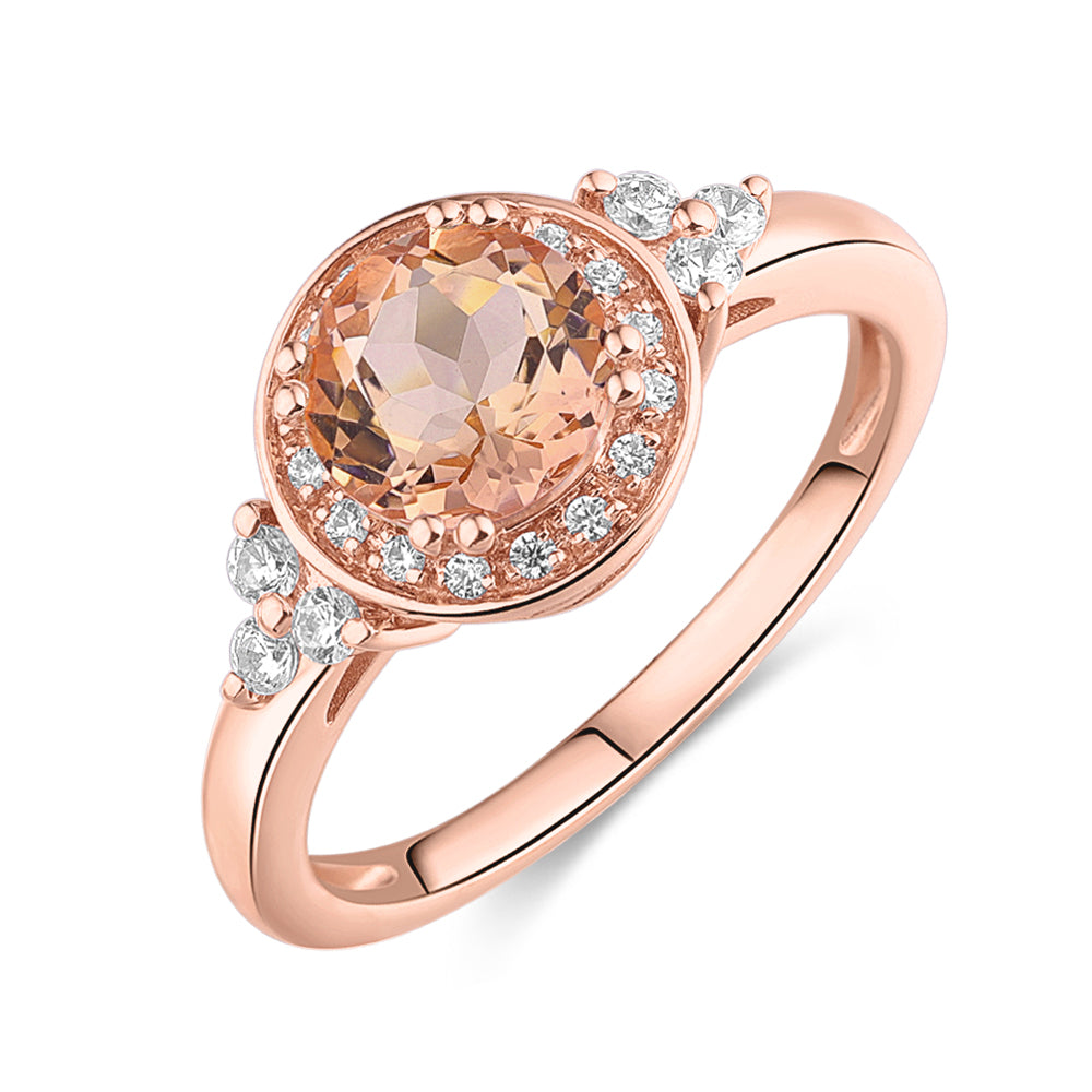 Round Brilliant halo engagement ring with 7mm morganite simulant in 10 carat rose gold