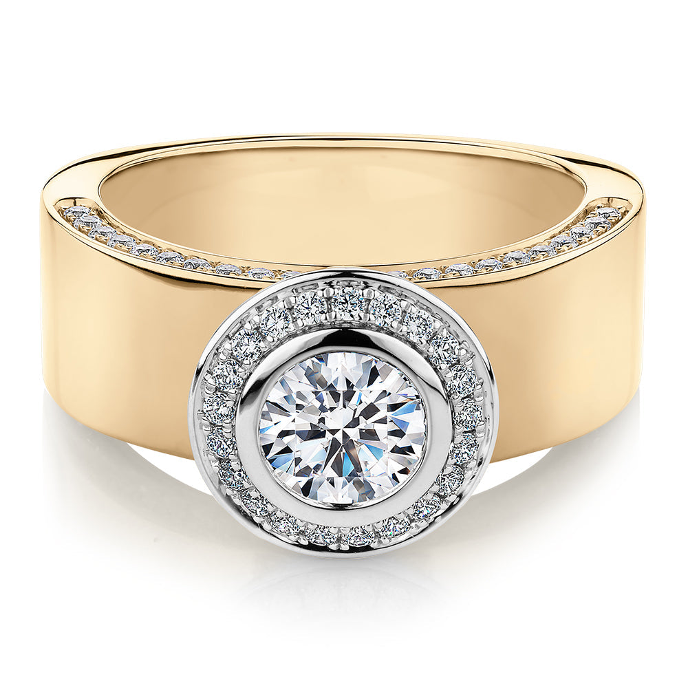 Round Brilliant halo engagement ring with 1.37 carats* of diamond simulants in 10 carat yellow and white gold