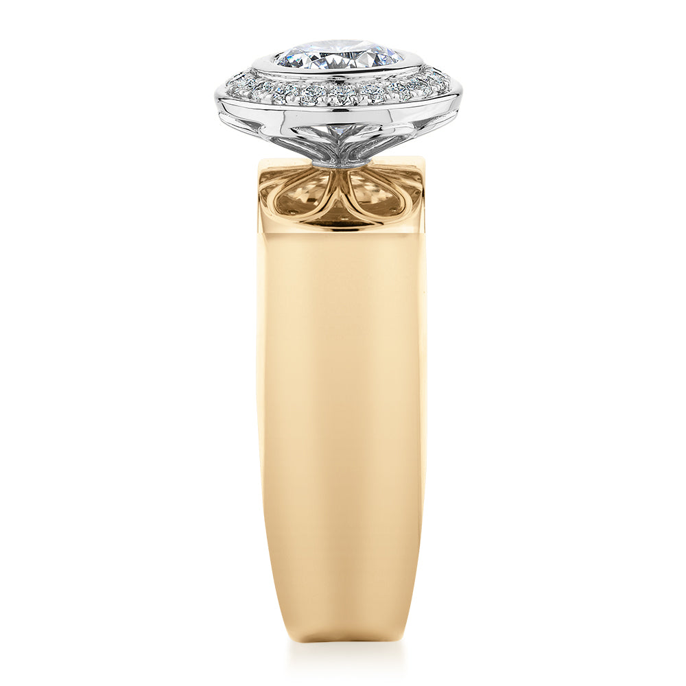 Round Brilliant halo engagement ring with 1.37 carats* of diamond simulants in 10 carat yellow and white gold