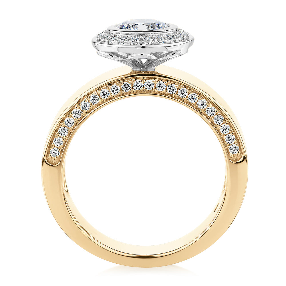 Round Brilliant halo engagement ring with 1.37 carats* of diamond simulants in 10 carat yellow and white gold