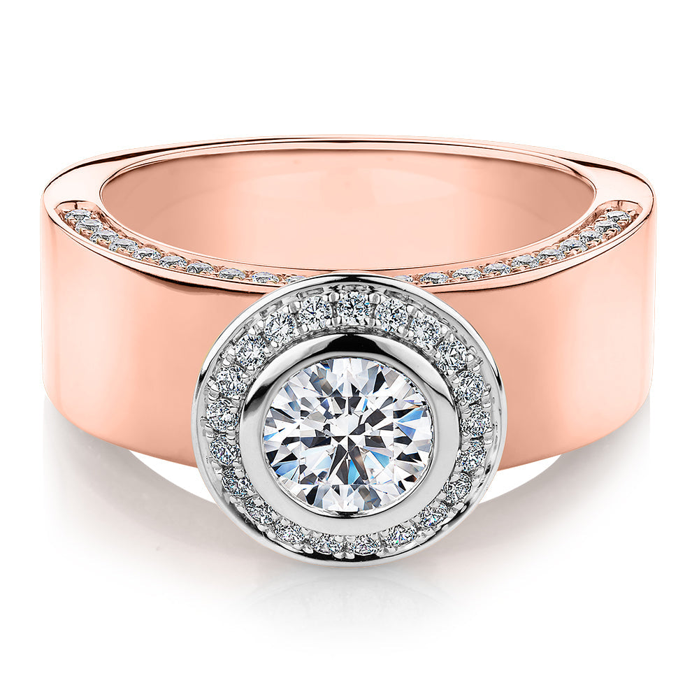 Round Brilliant halo engagement ring with 1.37 carats* of diamond simulants in 10 carat rose and white gold