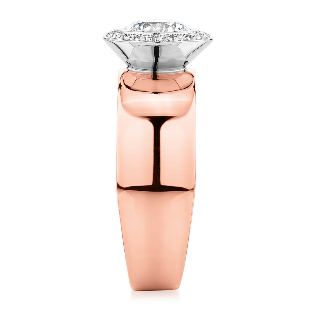 Round Brilliant halo engagement ring with 1.34 carats* of diamond simulants in 10 carat rose and white gold