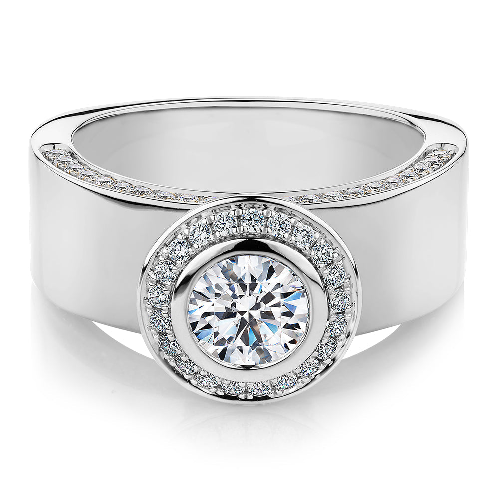 Round Brilliant halo engagement ring with 1.37 carats* of diamond simulants in 10 carat white gold