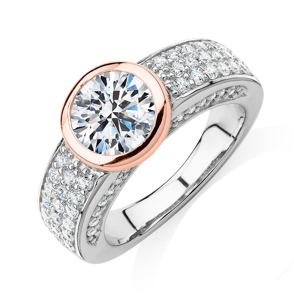Synergy dress ring with 2.36 carats* of diamond simulants in 10 carat rose gold and sterling silver