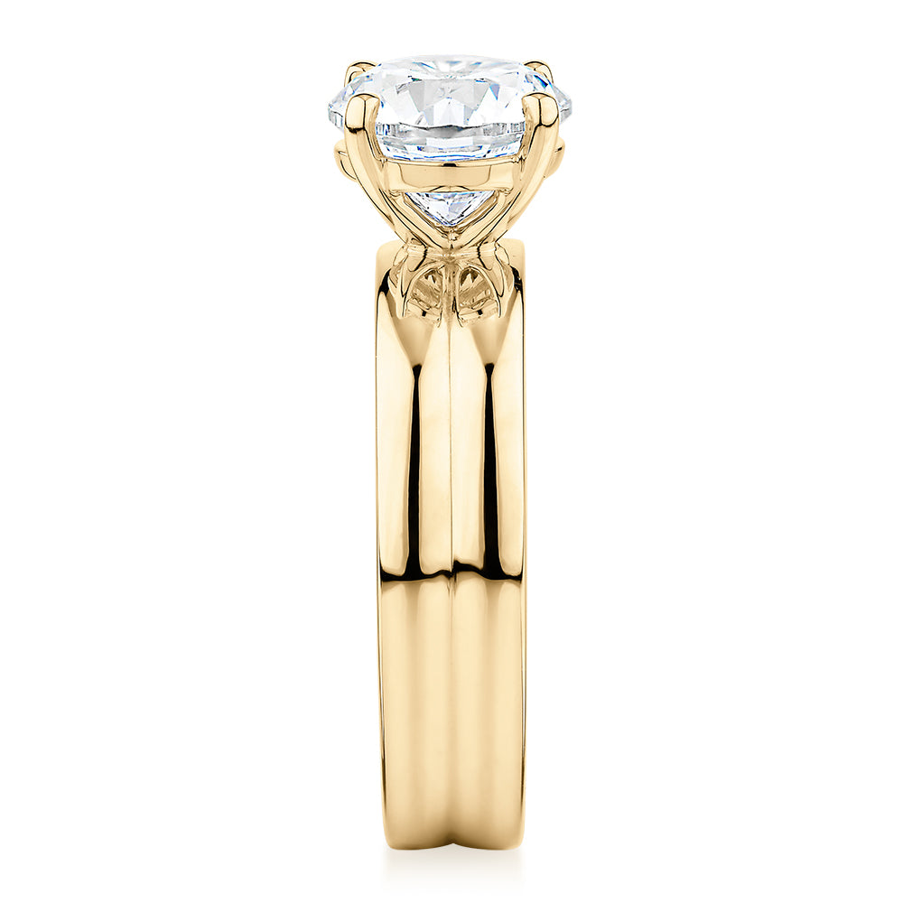 Signature Simulant Diamond 2.00 carat* round brilliant solitaire engagement ring in 10 carat yellow gold
