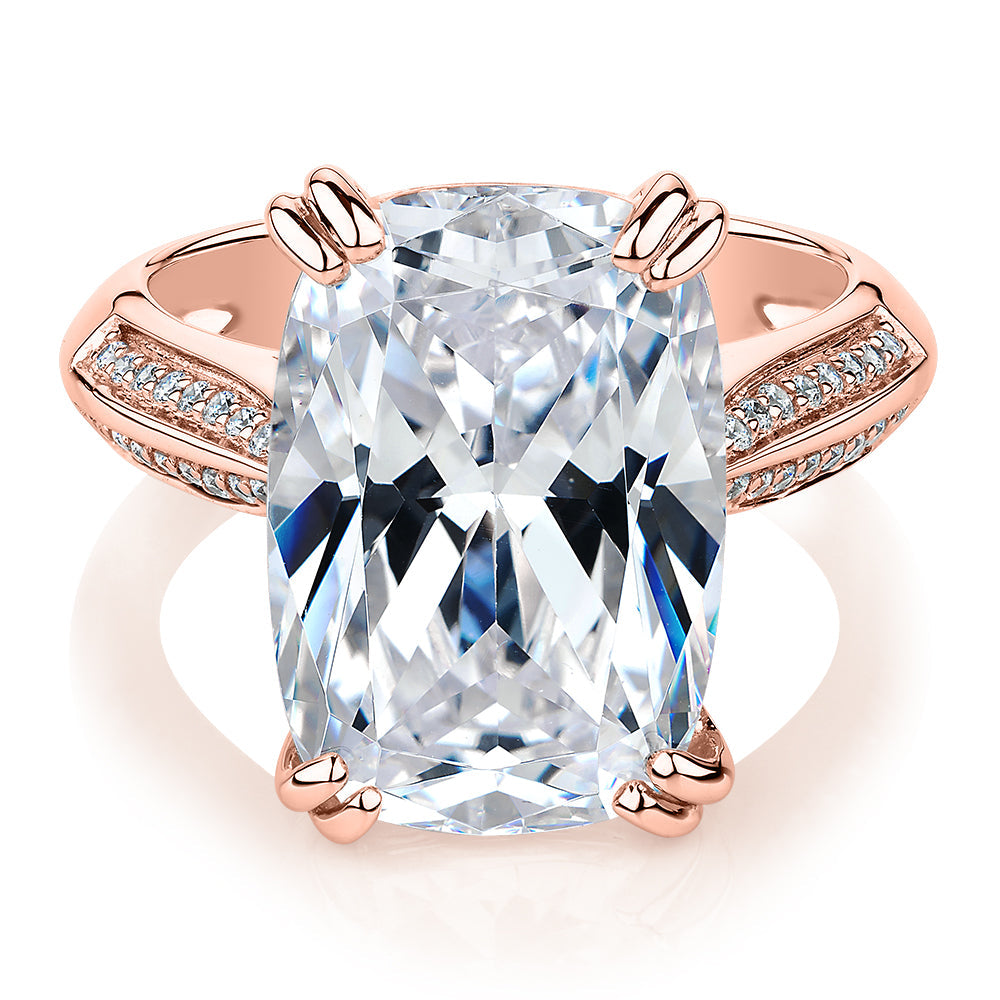Cushion Radiant and Round Brilliant shouldered engagement ring with 11.64 carats* of diamond simulants in 10 carat rose gold