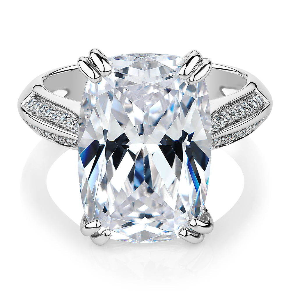 Cushion Radiant and Round Brilliant shouldered engagement ring with 11.64 carats* of diamond simulants in 10 carat white gold