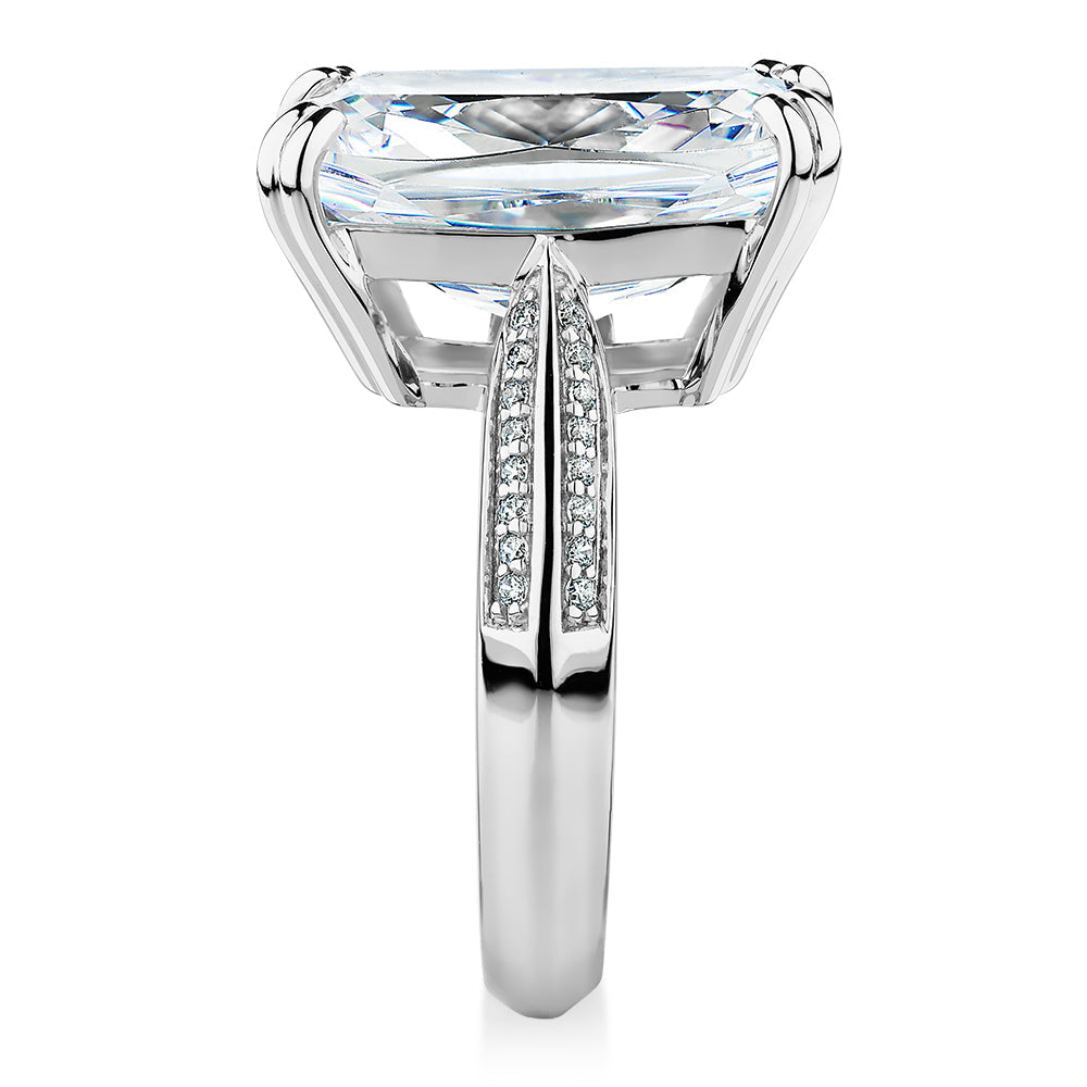 Cushion Radiant and Round Brilliant shouldered engagement ring with 11.64 carats* of diamond simulants in 10 carat white gold
