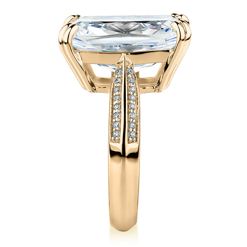 Cushion Radiant and Round Brilliant shouldered engagement ring with 11.64 carats* of diamond simulants in 10 carat yellow gold
