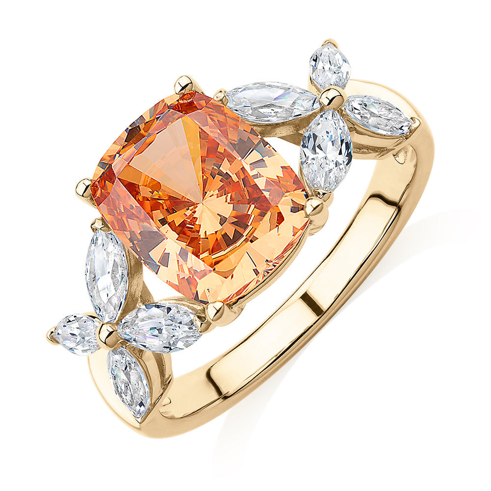 Dress ring with 4.45 carats* of diamond simulants in 10 carat yellow gold