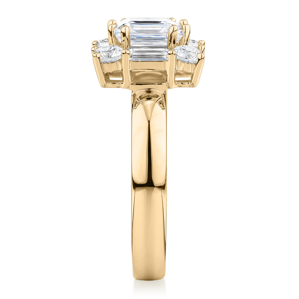 Princess Cut, Baguette and Round Brilliant halo engagement ring with 2.59 carats* of diamond simulants in 10 carat yellow gold