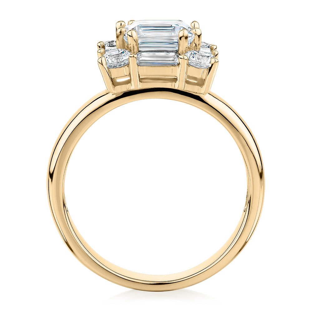 Princess Cut, Baguette and Round Brilliant halo engagement ring with 2.59 carats* of diamond simulants in 10 carat yellow gold