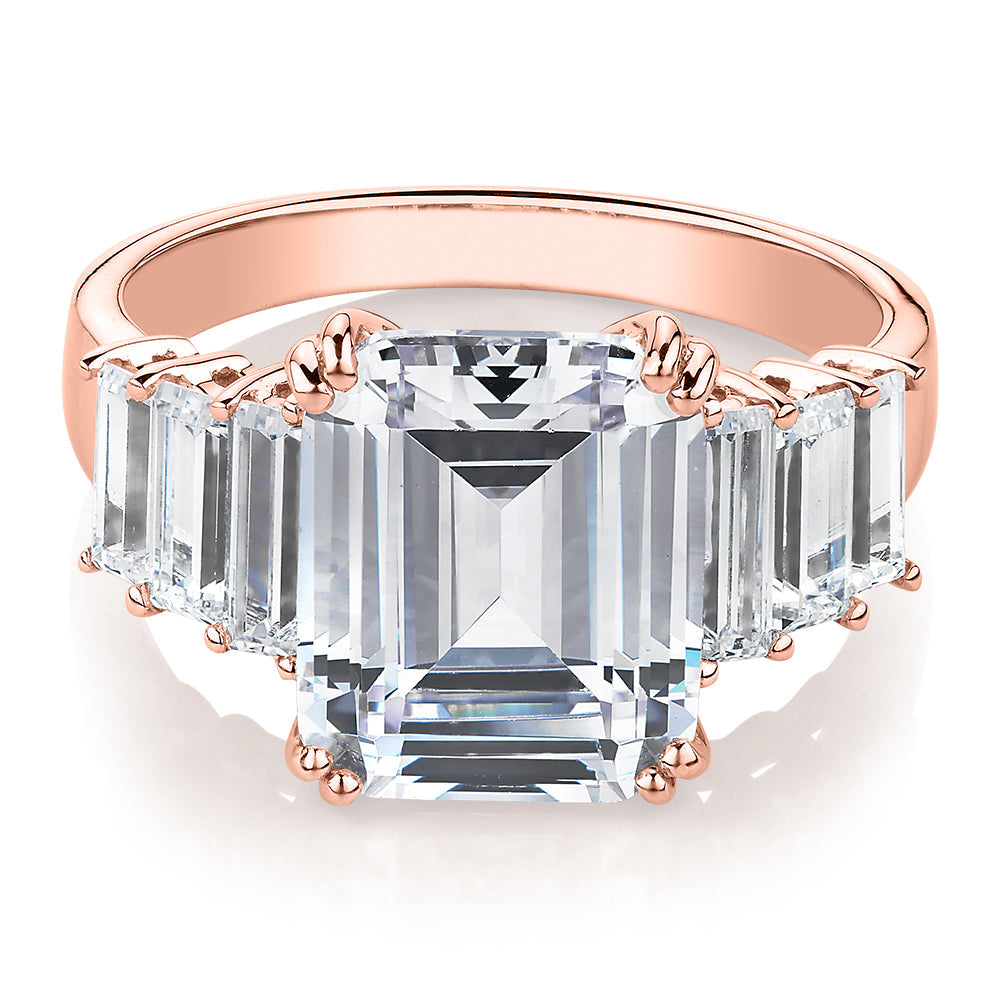 Dress ring with 6.97 carats* of diamond simulants in 10 carat rose gold
