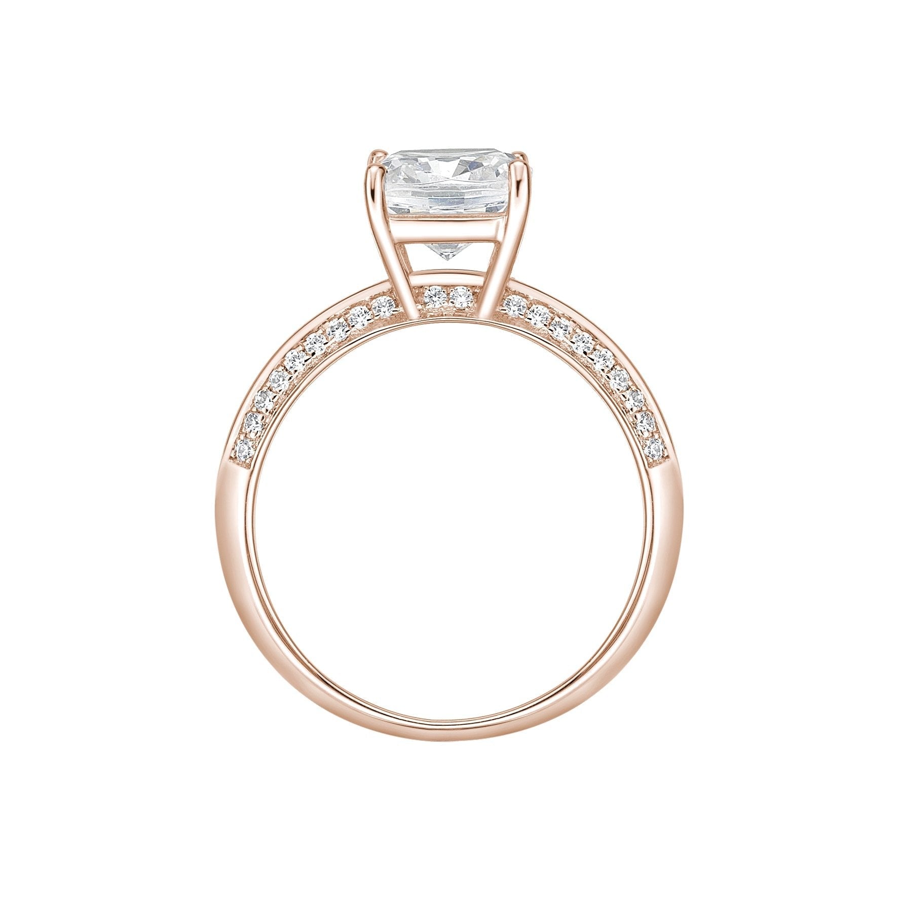 Cushion and Round Brilliant shouldered engagement ring with 1.87 carats* of diamond simulants in 14 carat rose gold