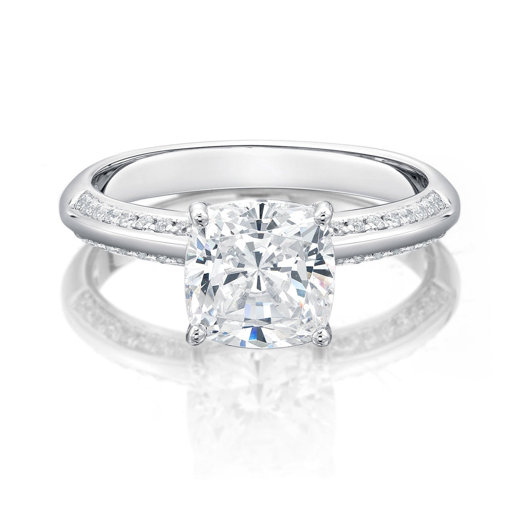 Cushion and Round Brilliant shouldered engagement ring with 1.87 carats* of diamond simulants in 14 carat white gold