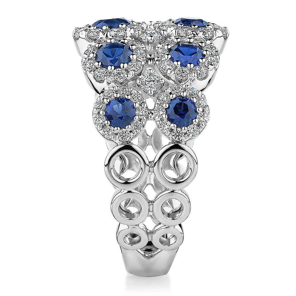 Celeste Dress ring with sapphire simulants and 0.91 carats* of diamond simulants in 10 carat white gold