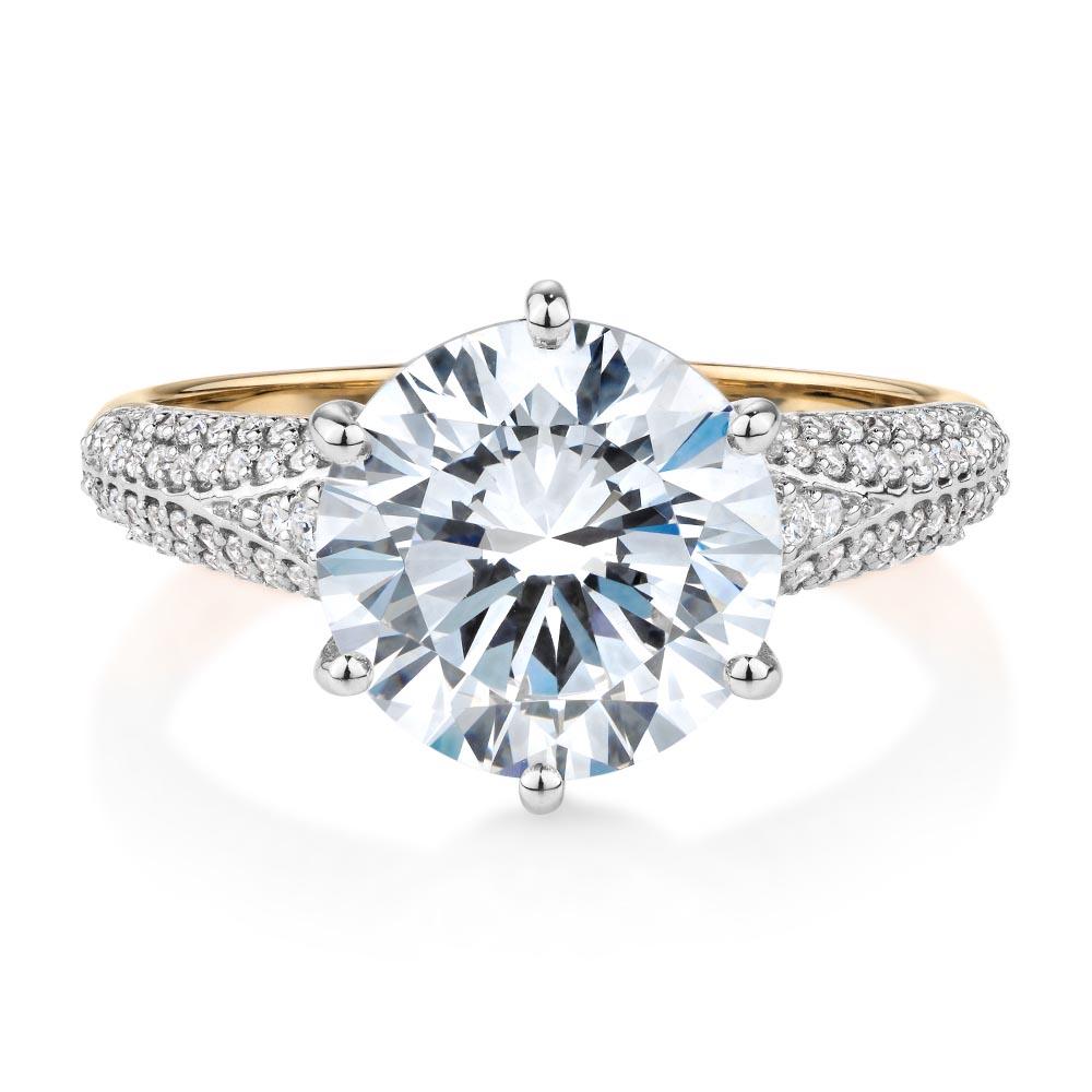Round Brilliant shouldered engagement ring with 4.08 carats* of diamond simulants in 10 carat yellow and white gold