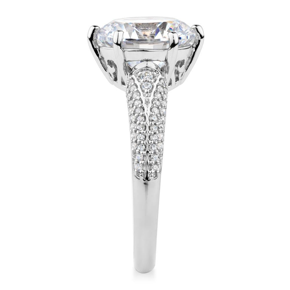 Round Brilliant shouldered engagement ring with 4.08 carats* of diamond simulants in 10 carat white gold
