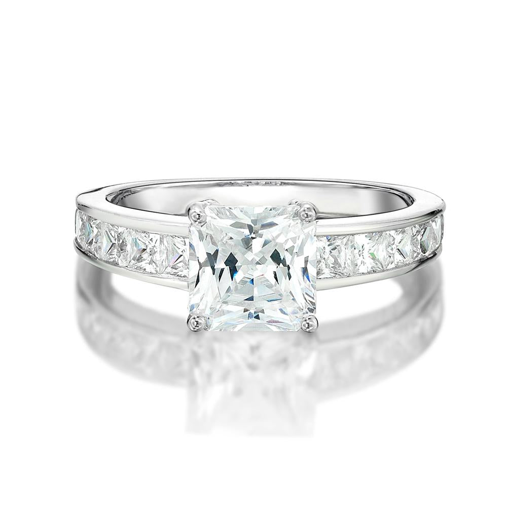 Princess Cut shouldered engagement ring with 3.08 carats* of diamond simulants in 14 carat white gold