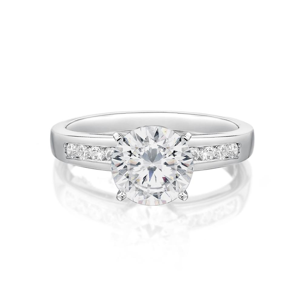 Round Brilliant shouldered engagement ring with 2.2 carats* of diamond simulants in 14 carat white gold