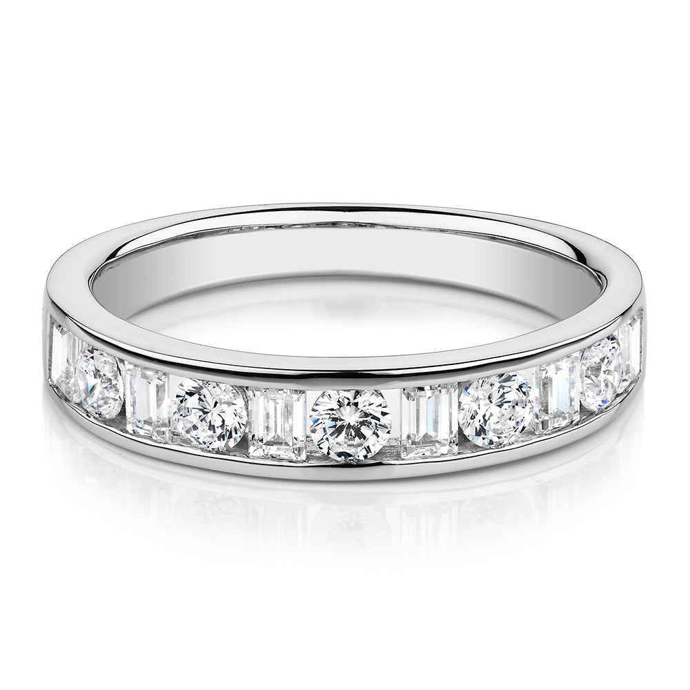 Round Brilliant wedding or eternity band with 0.76 carats* of diamond simulants in 14 carat white gold