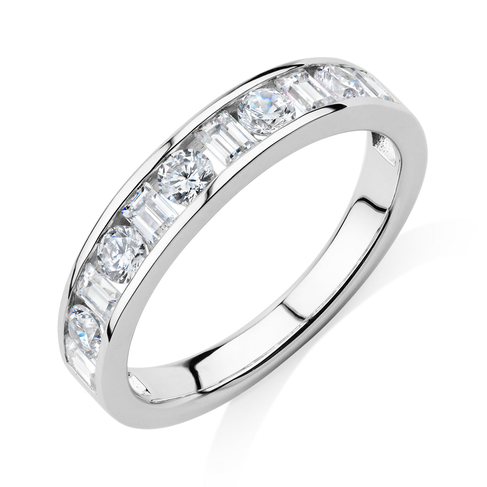 Round Brilliant wedding or eternity band with 0.76 carats* of diamond simulants in 14 carat white gold