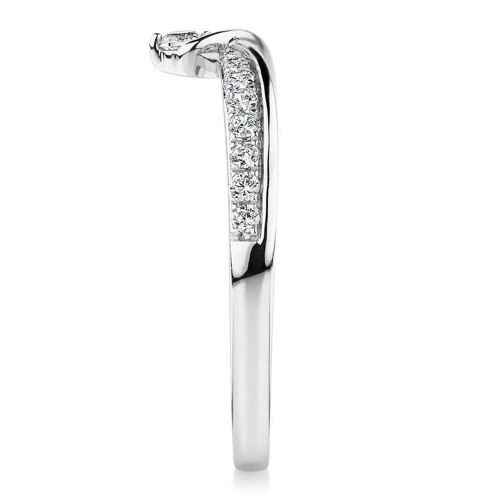 Round Brilliant curved wedding or eternity band with carats* of diamond simulants in 10 carat white