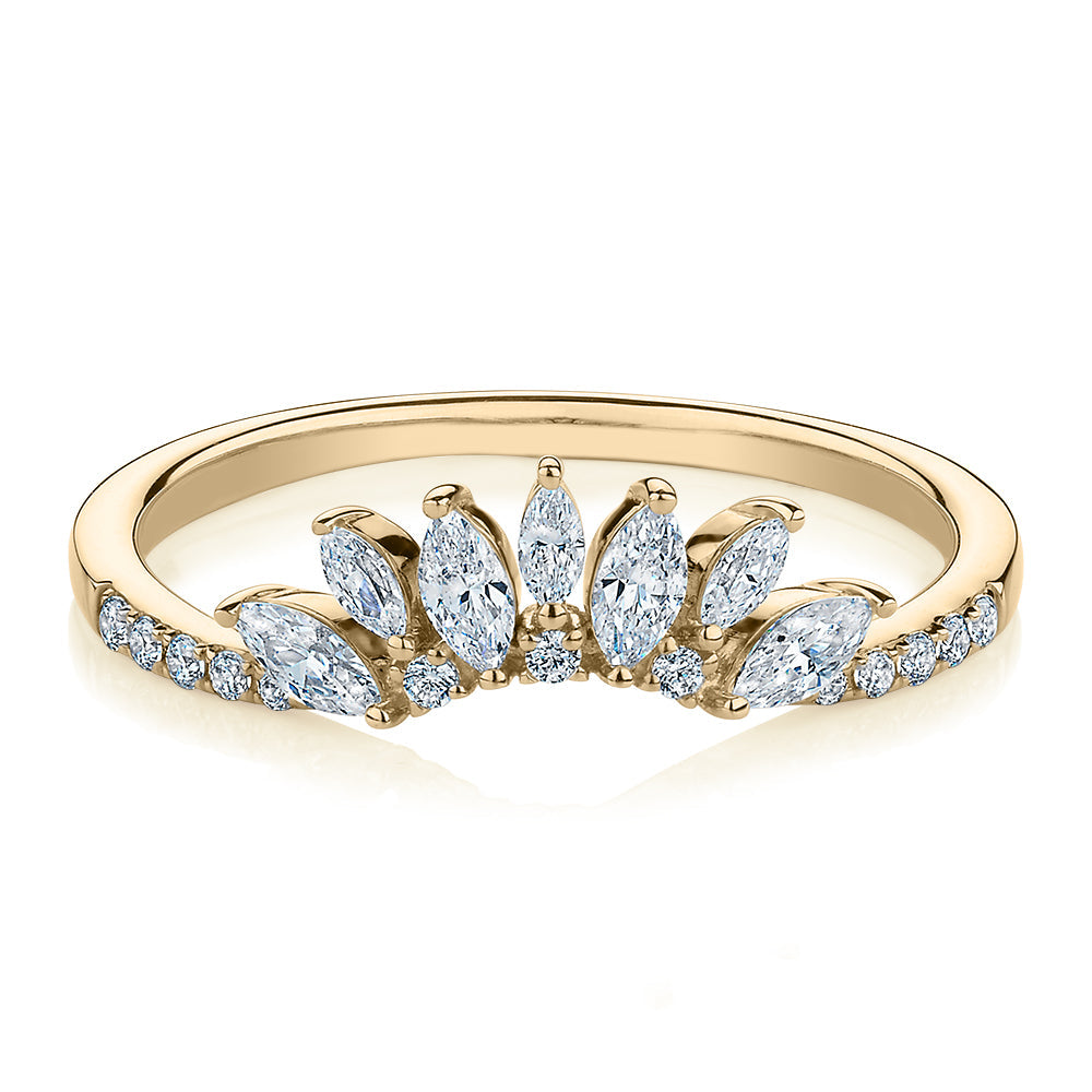 Marquise curved wedding or eternity band with 0.56 carats* of diamond simulants in 10 carat yellow gold