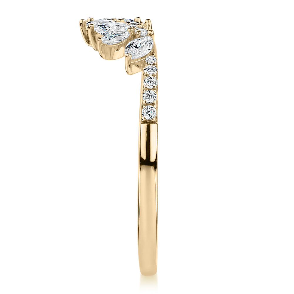 Marquise curved wedding or eternity band with 0.56 carats* of diamond simulants in 10 carat yellow gold