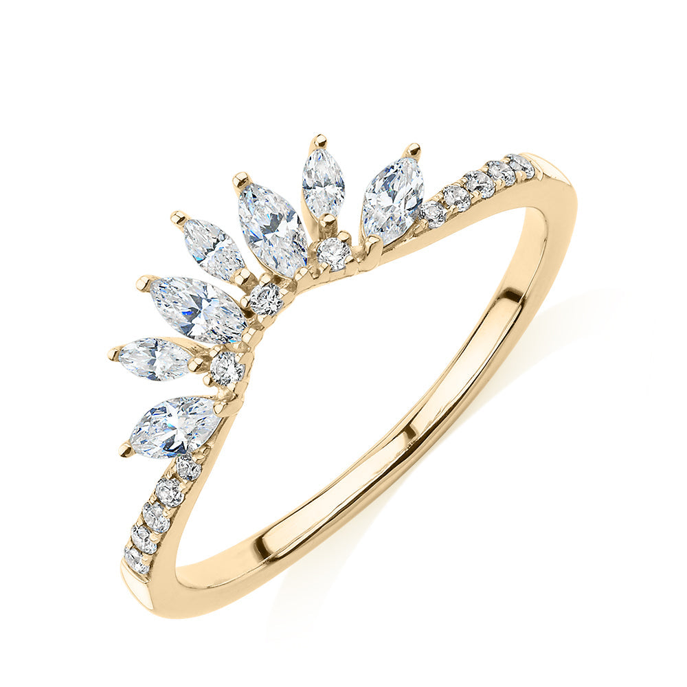 Marquise curved wedding or eternity band with 0.56 carats* of diamond simulants in 10 carat yellow gold