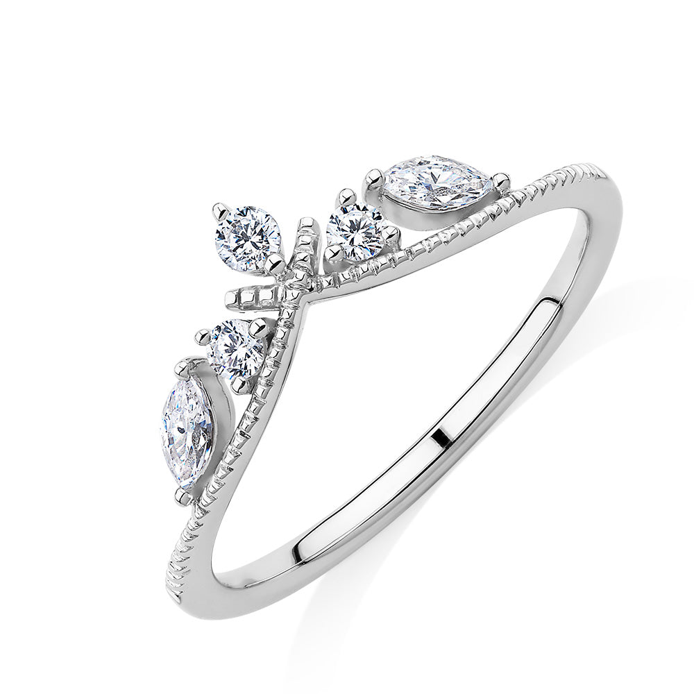 Round Brilliant curved wedding or eternity band with 0.29 carats* of diamond simulants in 10 carat white gold