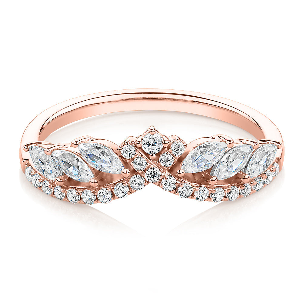 Marquise curved wedding or eternity band with 0.76 carats* of diamond simulants in 10 carat rose gold