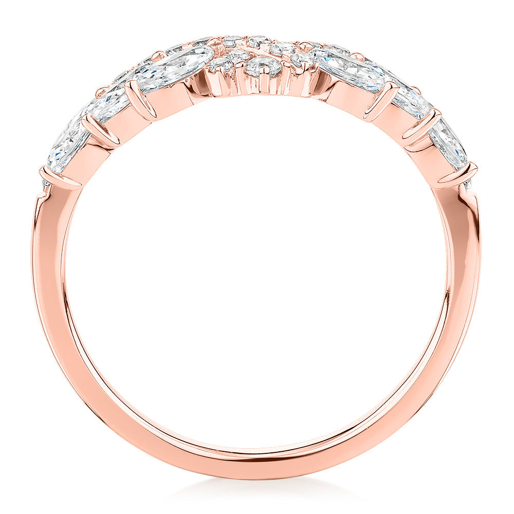 Marquise curved wedding or eternity band with 0.76 carats* of diamond simulants in 10 carat rose gold