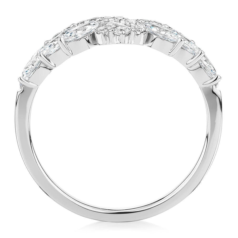 Marquise curved wedding or eternity band with 0.76 carats* of diamond simulants in 10 carat white gold