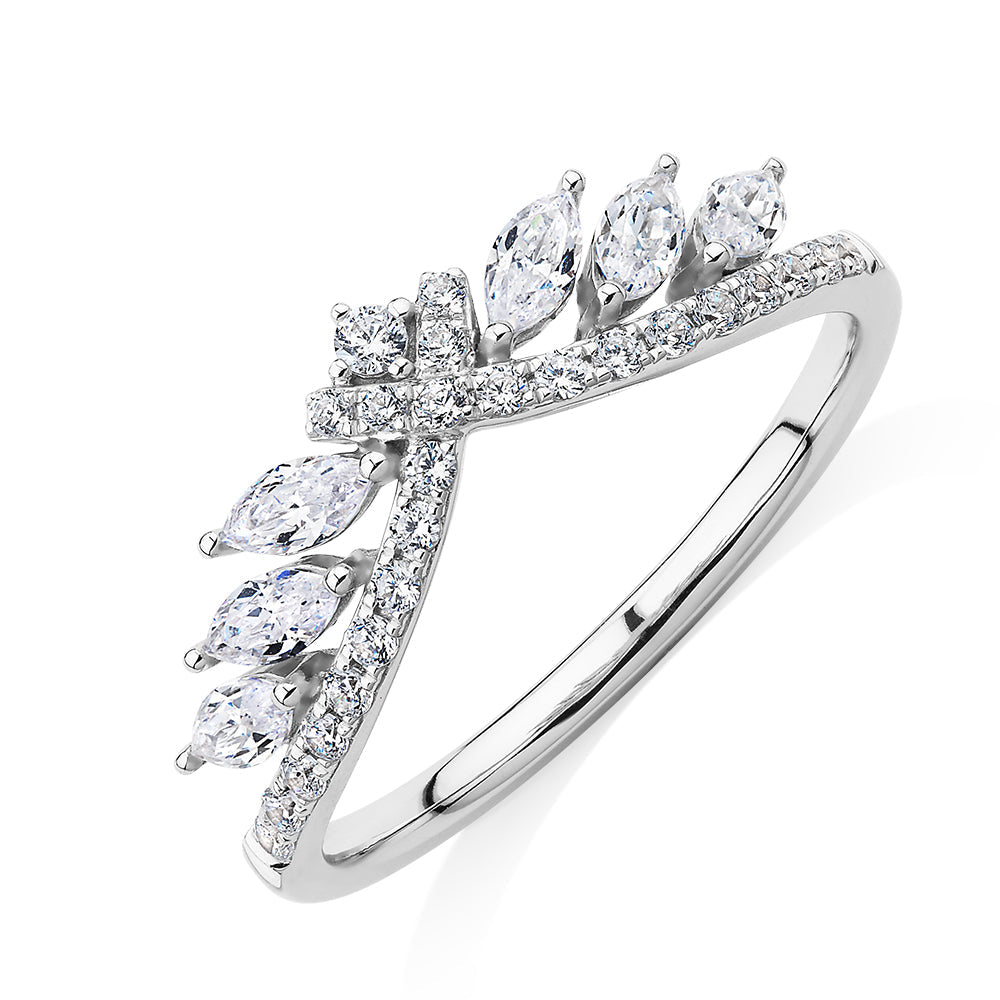 Marquise curved wedding or eternity band with 0.76 carats* of diamond simulants in 10 carat white gold