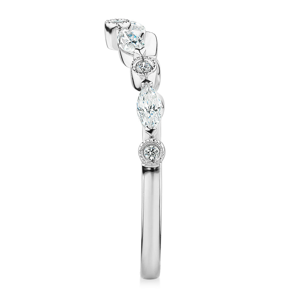 Marquise curved wedding or eternity band with 0.43 carats* of diamond simulants in 10 carat white gold