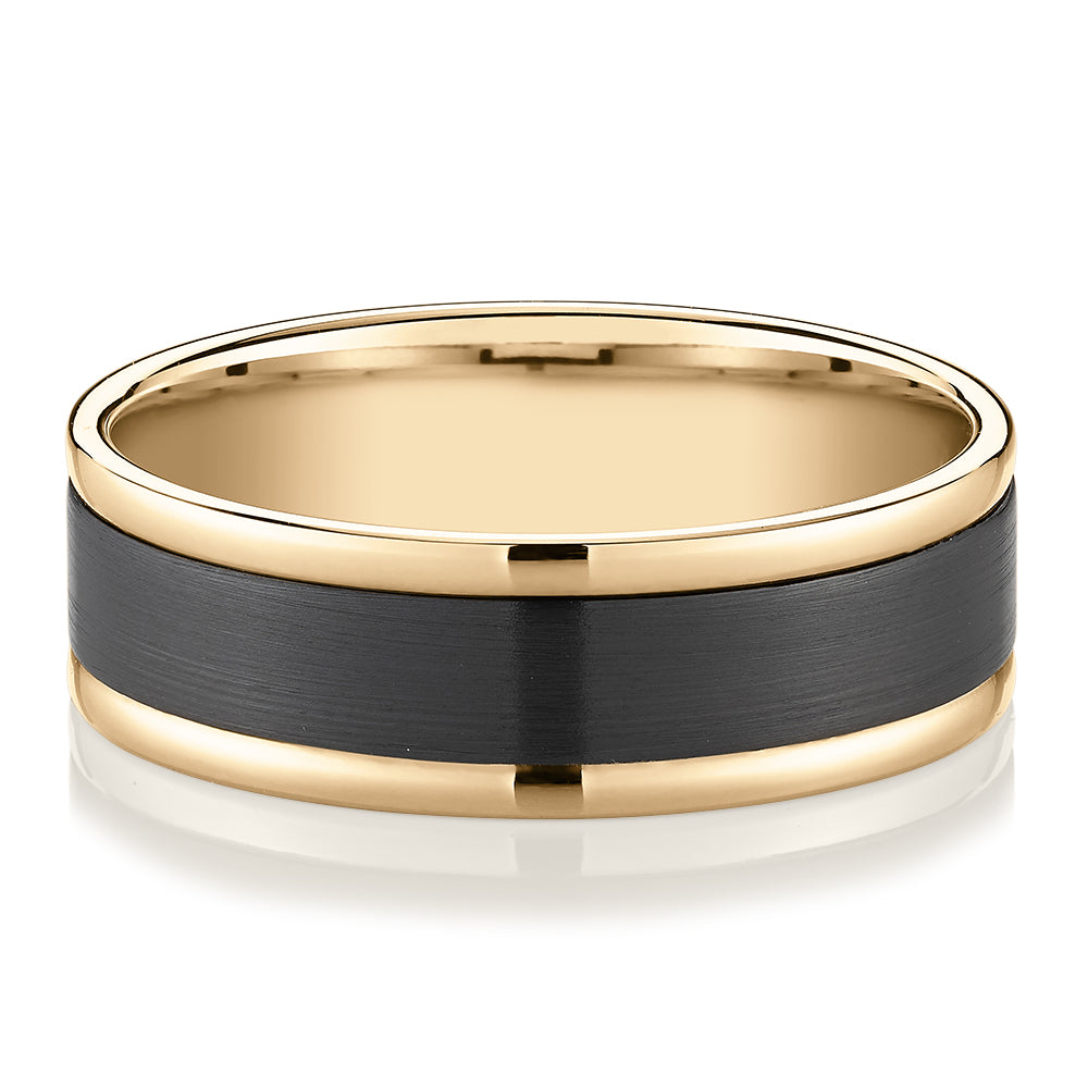 7mm wedding or eternity band in 10 carat yellow gold and zirconium