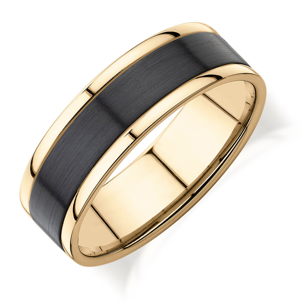 7mm wedding or eternity band in 10 carat yellow gold and zirconium