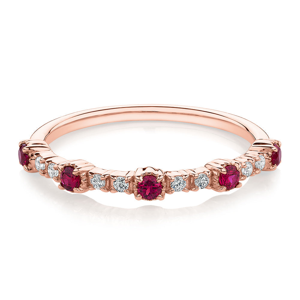 Wedding or eternity band with ruby and diamond simulants in 10 carat rose gold
