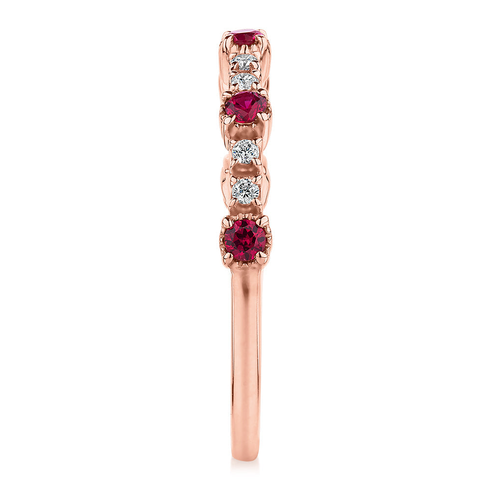 Wedding or eternity band with ruby and diamond simulants in 10 carat rose gold