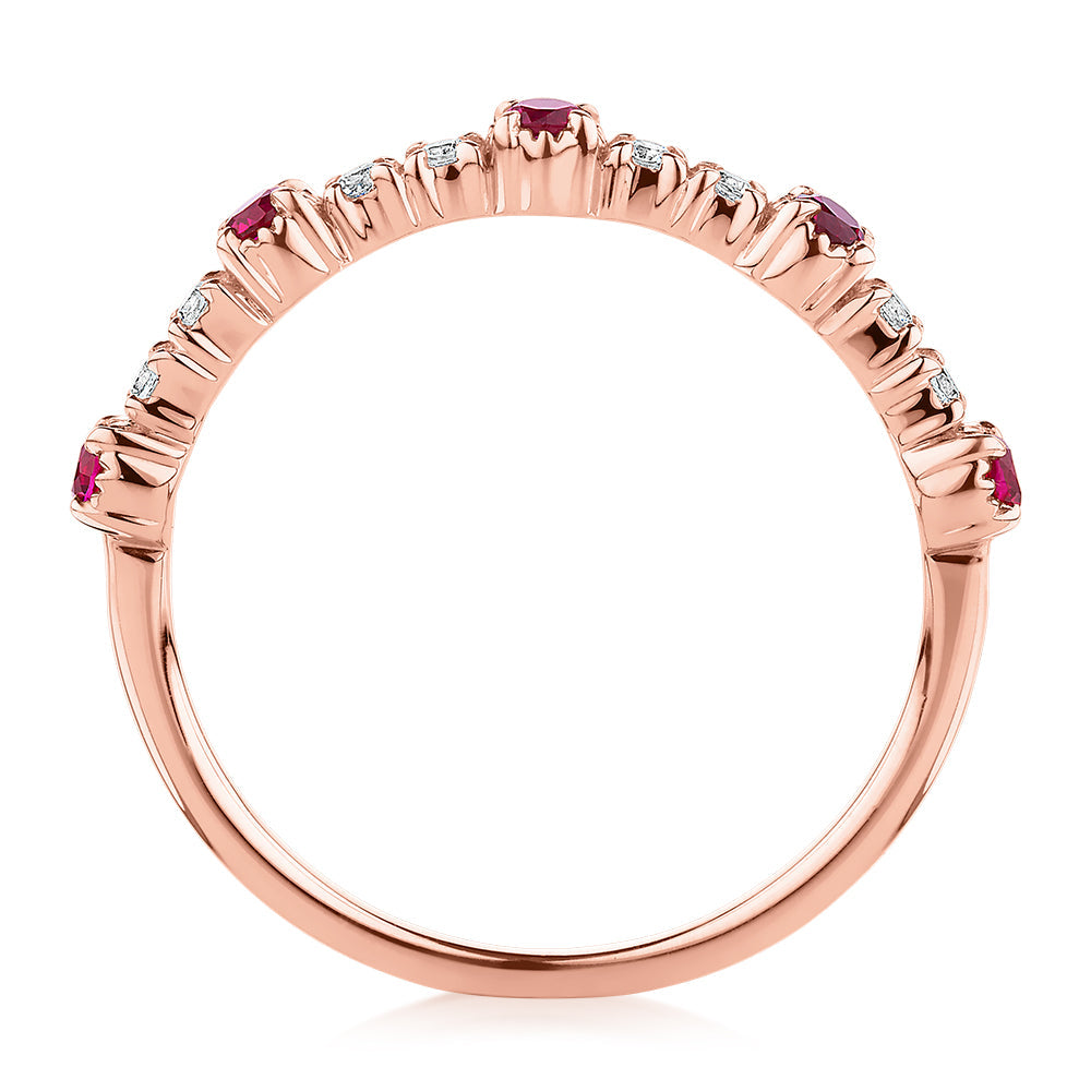 Wedding or eternity band with ruby and diamond simulants in 10 carat rose gold